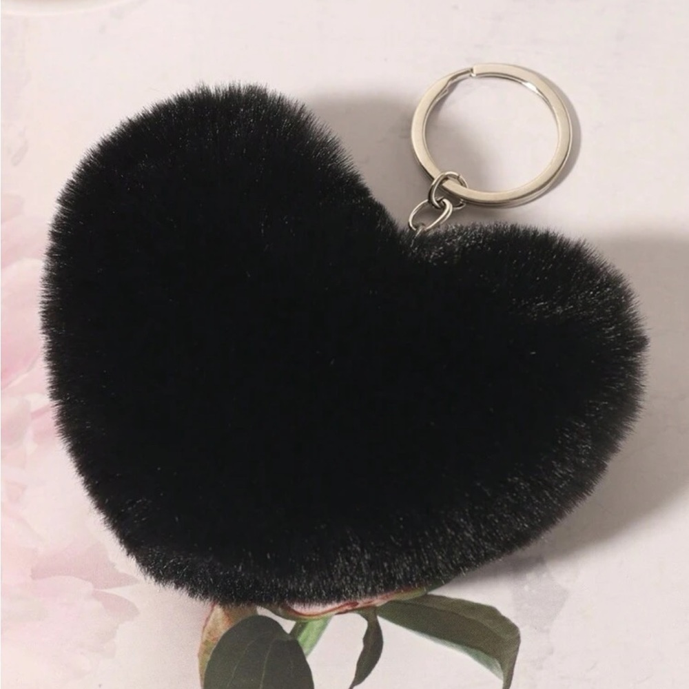 Fluffy Black Heart Keychain Keyring BRAND NEW Stocking Stuffer - Picture 2 of 6
